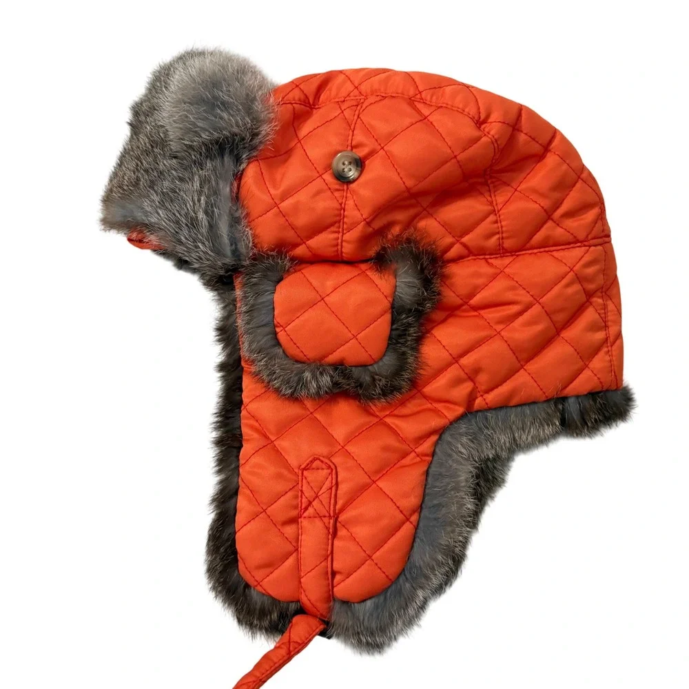 J. McLaughlin Orange Quilted Trapper Hat Real Fur Trim Ear Flaps XS/S Winter